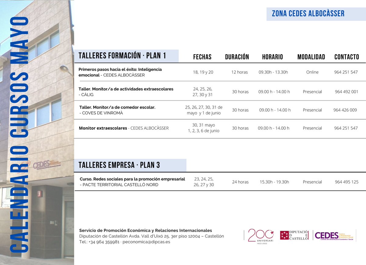 dipOportunitats's tweet photo. 📢 Ací teniu l'oferta formativa gratuïta als nostres centres CEDES per al mes de MAIG 2022 👏

👉 Cursos dirigits a persones en situació de desocupació, persones emprenedores i empreses per continuar creixent professionalment

#CEDES #dipcasoportunitats #dipcas #formacion https://t.co/pC3AHfrm4j