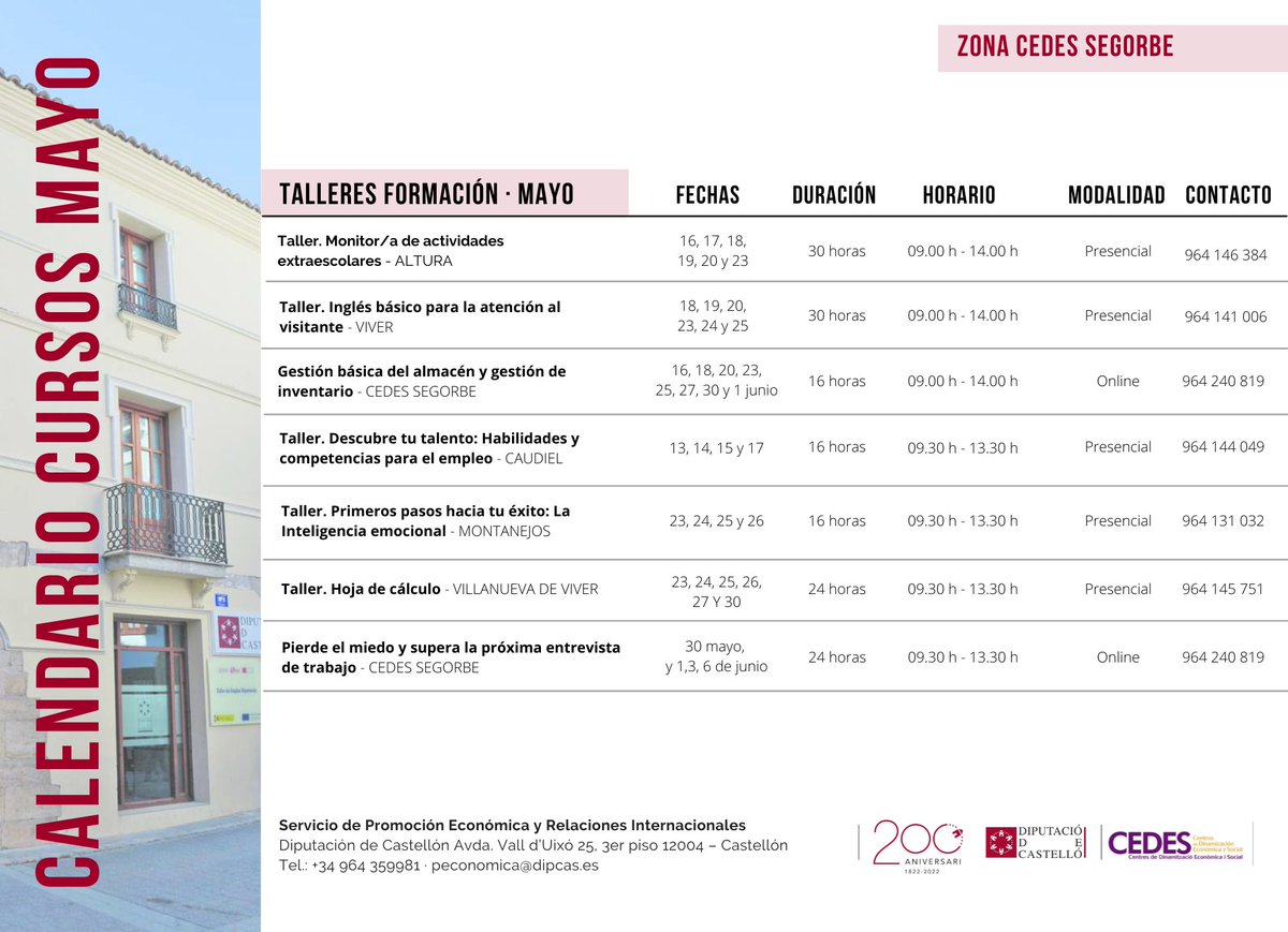 dipOportunitats's tweet photo. 📢 Ací teniu l'oferta formativa gratuïta als nostres centres CEDES per al mes de MAIG 2022 👏

👉 Cursos dirigits a persones en situació de desocupació, persones emprenedores i empreses per continuar creixent professionalment

#CEDES #dipcasoportunitats #dipcas #formacion https://t.co/pC3AHfrm4j