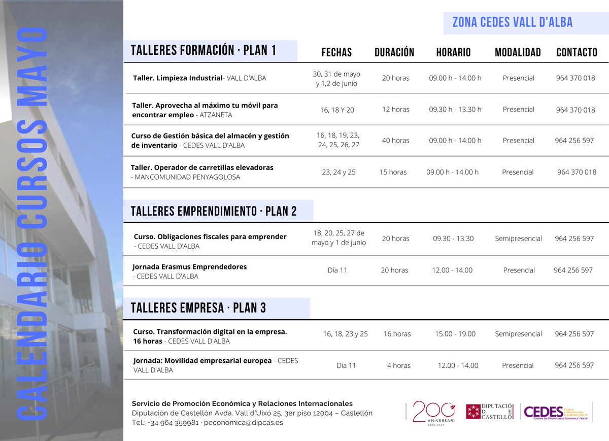 dipOportunitats's tweet photo. 📢 Ací teniu l'oferta formativa gratuïta als nostres centres CEDES per al mes de MAIG 2022 👏

👉 Cursos dirigits a persones en situació de desocupació, persones emprenedores i empreses per continuar creixent professionalment

#CEDES #dipcasoportunitats #dipcas #formacion https://t.co/pC3AHfrm4j