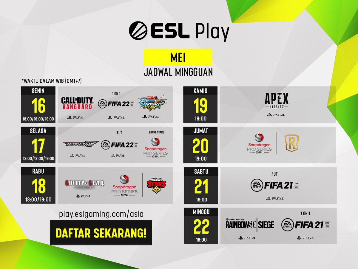 ESLIndonesia's tweet photo. Bagaimana liburmu kemarin? Menyenangkan bukan?👊
Berikut adalah jadwal mingguan #ESLPlay untuk menemani minggumu kali ini.🔥

Tertarik untuk ikut? Lihat selengkapnya disini ya👉  https://t.co/hYYI03EISN
#ESLIndonesia https://t.co/s9AykWb8K7