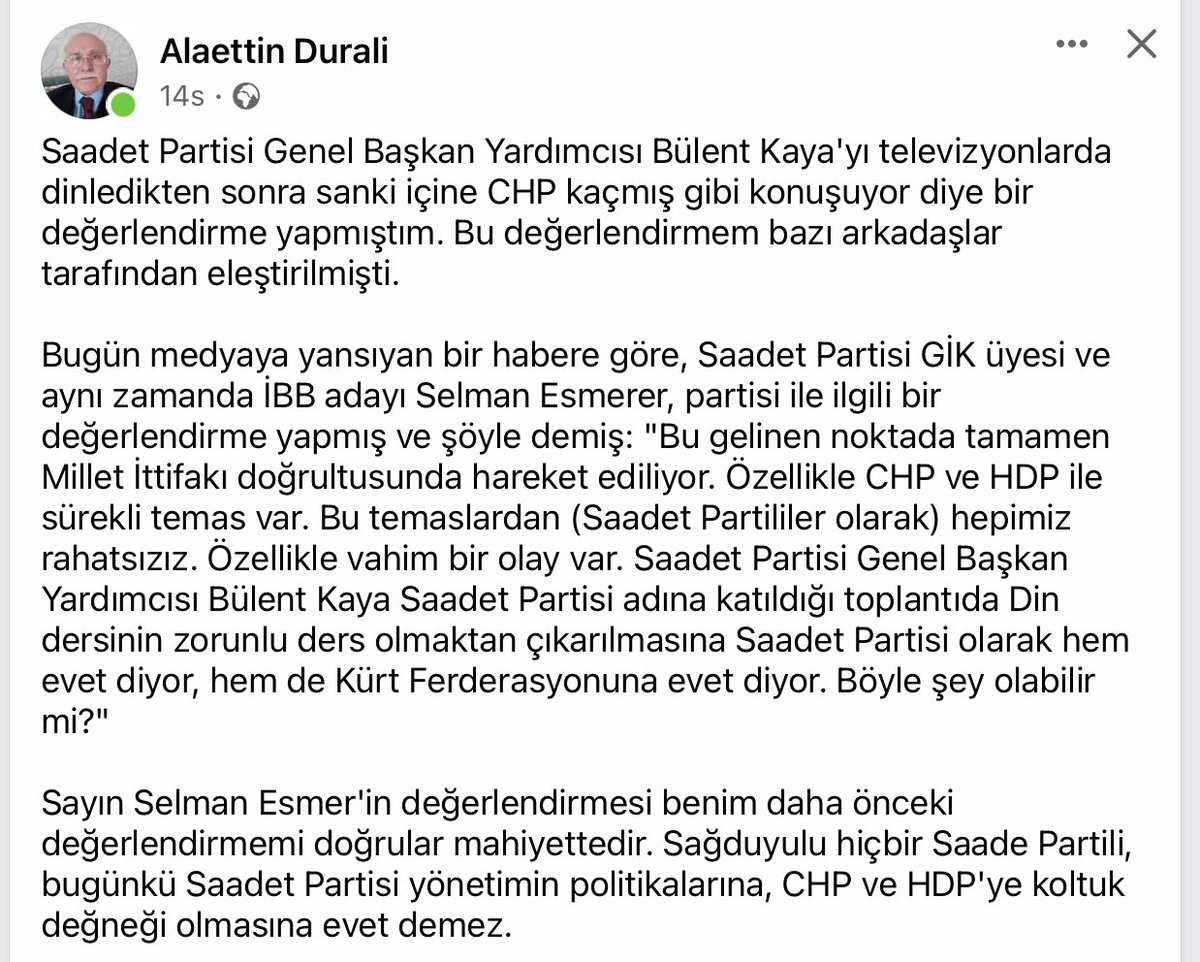 Saadet Partililerin de itiraf ettiği gibi, “Saadet Partisi Erbakan Rahmetlinin yolundan çıktı…”