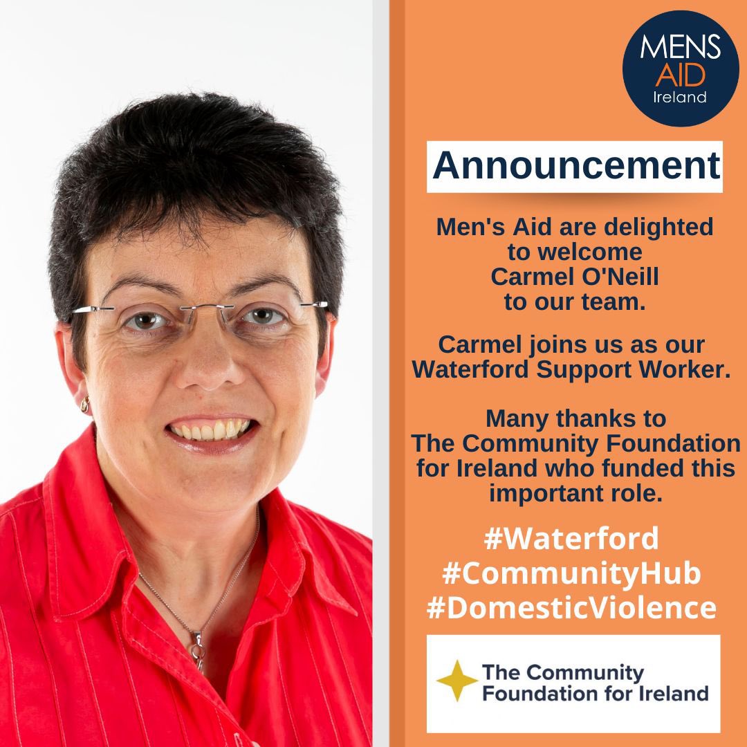 MensAidIreland's tweet image. New appointment in #Waterford 
We welcome Carmel O’ Neill to our team. Carmel is our support worker based in Waterford. Appts from Tues 7th June. To book call 01 554 3811. 
Our thanks to @CommunityFound for funding this role🙏 #DomesticViolence #CoerciveControl #CommunityHub