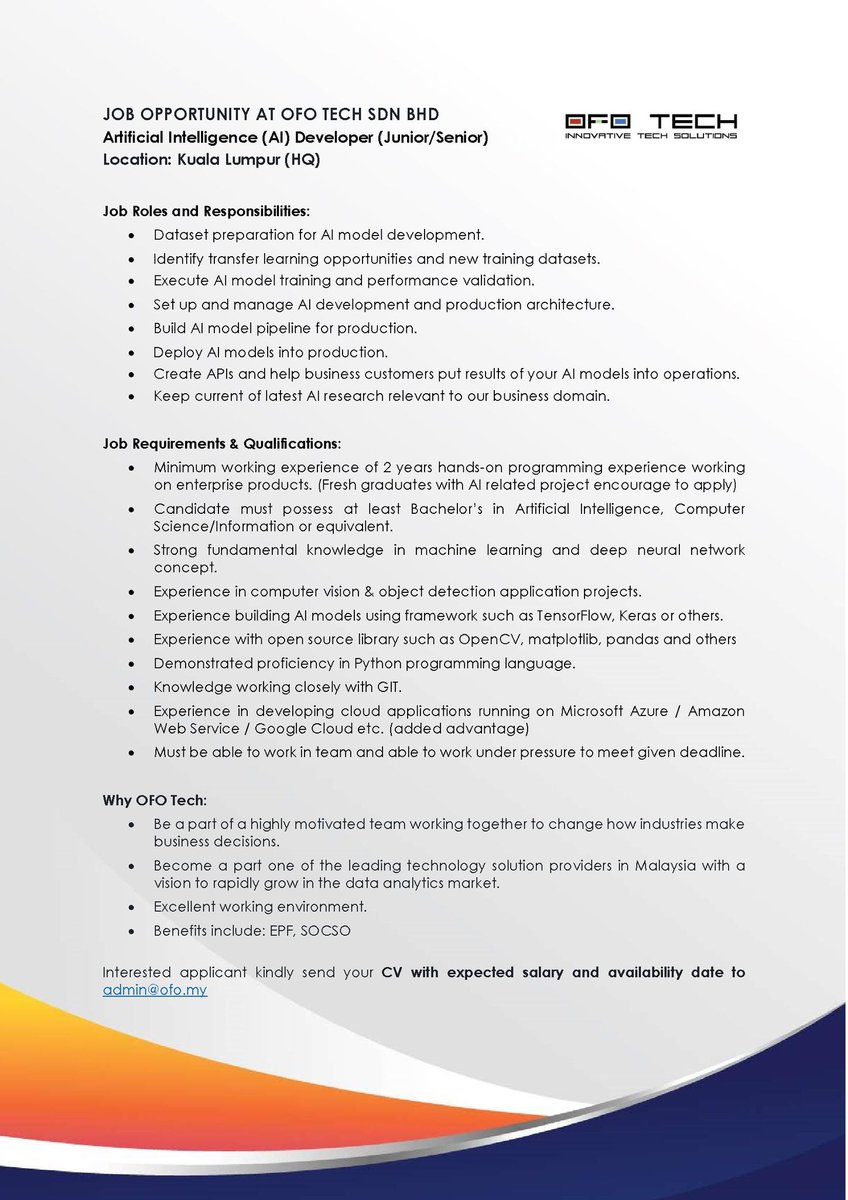 OFOtweets's tweet photo. Put your tech skill to use! We're #HIRING!
π’Artificial Intelligence (AI) Developer
β’ Junior / Senior
β’ Location: Kuala Lumpur (HQ)
Send your application to ππ½ admin@ofo.my TODAY!
Full details refer below ππ½
#OFOtech #ai #developer #artificialintelligence #AIdeveloper #job https://t.co/2lcVwkJVWs