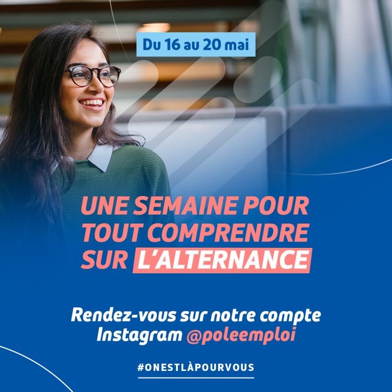 ⚡️ Jusqu’au 20/05 sur Instagram, @pole_emploi accompagne les demandeurs d’emploi dans leur projet de formation en #alternance !

👉 C’est quoi l’alternance ? 
👉 Quand et comment trouver des offres ? 
👉 Comment réussir un entretien ? 

A suivre par ici 👉 instagram.com/poleemploi?igs…