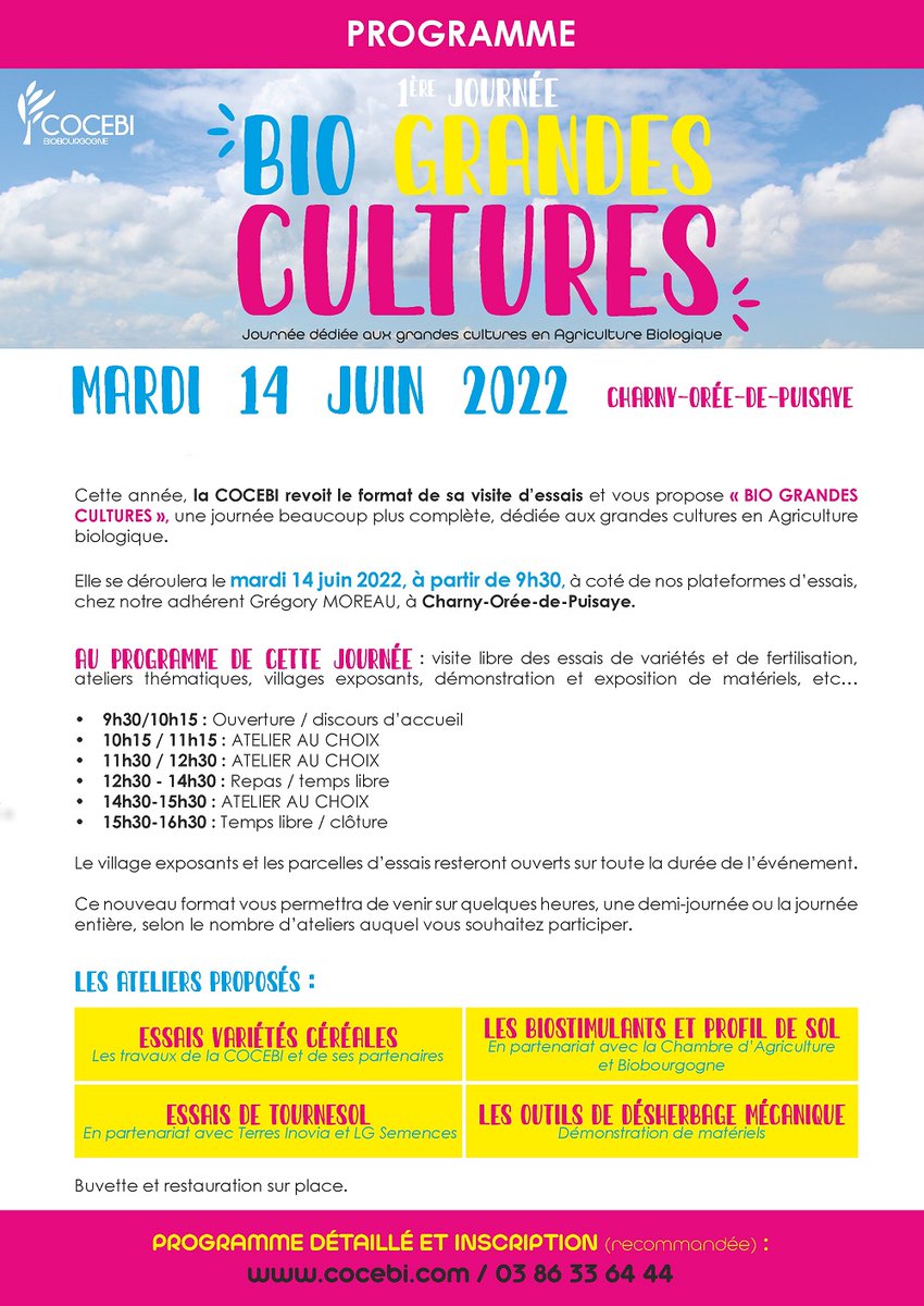 cocebi0's tweet photo. [EVENEMENT] 📍 La COCEBI organise la 1ère journée BIO GRANDES CULTURE à Charny-Orée-de-Puisaye, le 14 juin prochain !
#bio #agriculture #culture #yonne #céréales #agri
@chambagribfc @Limagrain @terresinovia https://t.co/lRc7rf4rPI