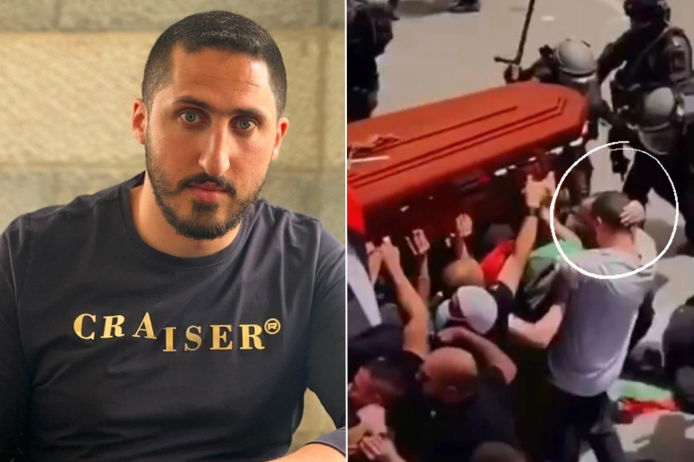 MahaGaza's tweet photo. Last night, Israeli forces detained Omar Abukhdeir, the man seen getting beaten by Israeli forces while trying to protect #ShireenAbuAkleh's casket during her funeral two days ago. https://t.co/nvvI3iYBph