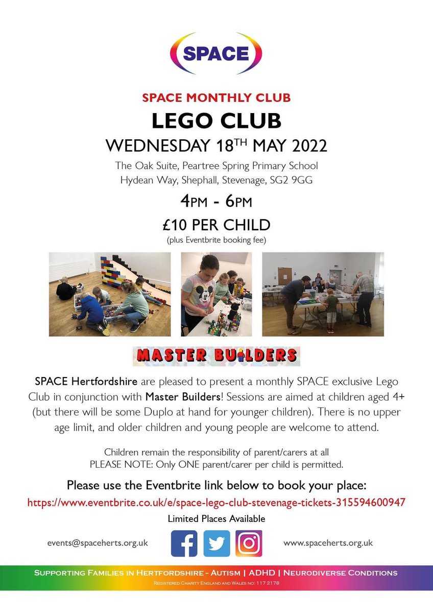 🌟 LAST FEW PLACES REMAINING 🌟

📣 If you have booked on and no longer require your place please make sure to cancel your ticket 📣

Lego Club - Stevenage
Wednesday 18th May 2022
4pm - 6pm
eventbrite.co.uk/e/space-lego-c…

#SPACEhertsactivities
#SPACEhertstogether