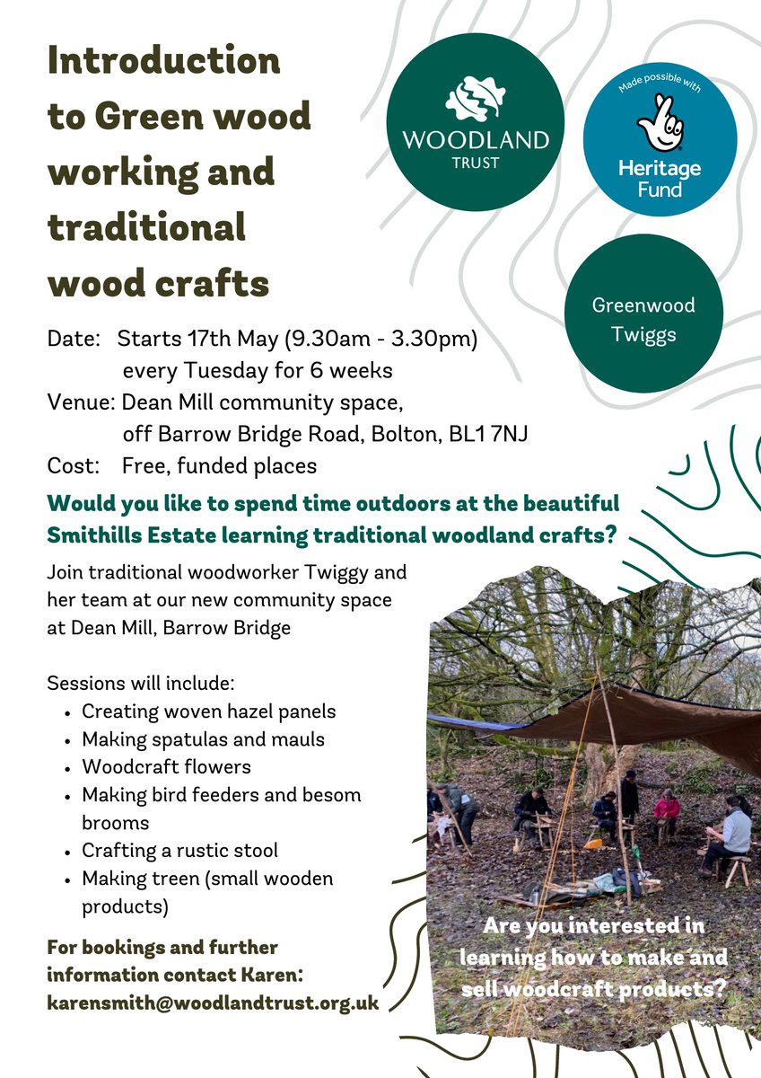 GreenworksGM's tweet photo. Are you taking part in this green skills workshop at Smithills Estate today? Running every Tuesday for 6 weeks, learn how to turn woodland crafts into an enterprise opportunity from the experts at Greenwood Twiggs. Contact Karen at @TurnUpTheValue for more info.🌲@woodlandtrust https://t.co/43UonByw7r