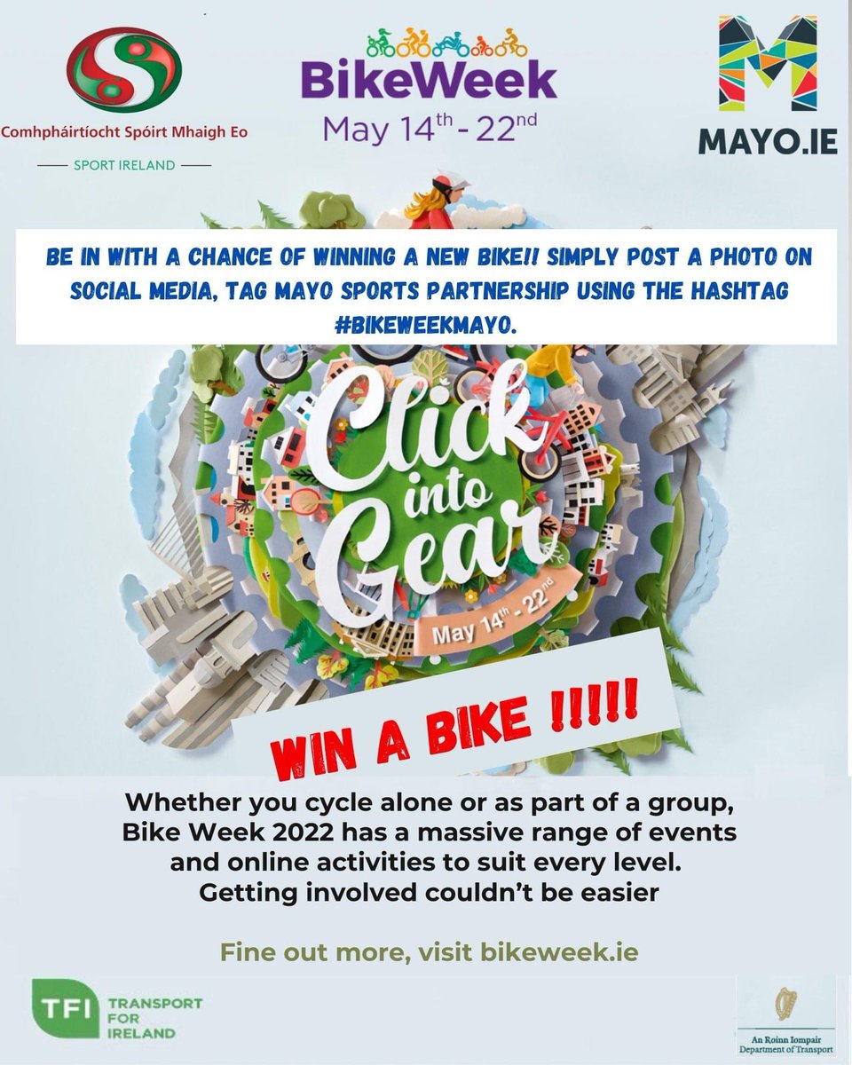 MayoSport1's tweet photo. #BikeWeek2022 May 14th – 22nd
For a full list of events see https://t.co/REFM5SLfdn or Mayo Sports Partnership website 👇
https://t.co/z7axPq2nab
➡Be in with a chance to WIN a Bike
post a photo on social media and Tag Mayo Sports Partnership using the hashtag #bikeweekmayo https://t.co/dVDDQkmAyC