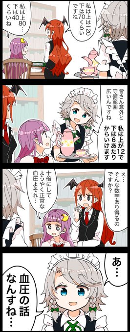 今日5月17日は『高血圧の日』らしいです。
勘違いの末ドン引きされる性癖をぷっ放す咲夜さんの四コマ。 