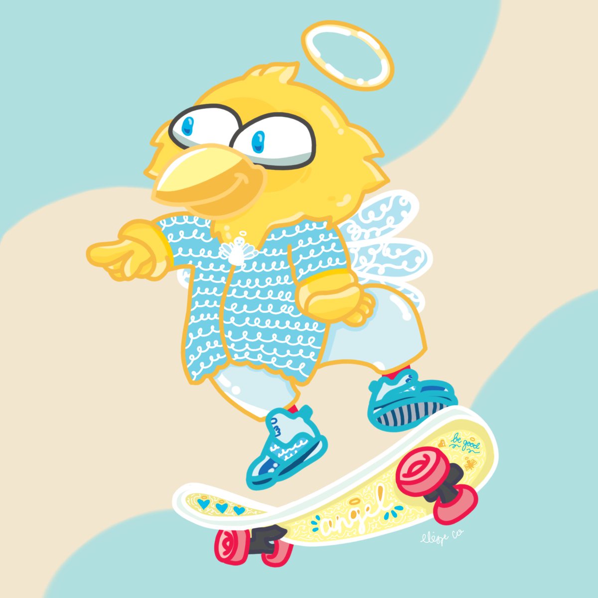 CommissionsbyC's tweet photo. Devil sneak peek from @SkaterBirdsNFT inspired me to create its counterpart, the Angel Skater 🛹 hope y'all love it ❤️ #SkaterbirdsNFT #Skater #fanart https://t.co/55HcfjNuFl