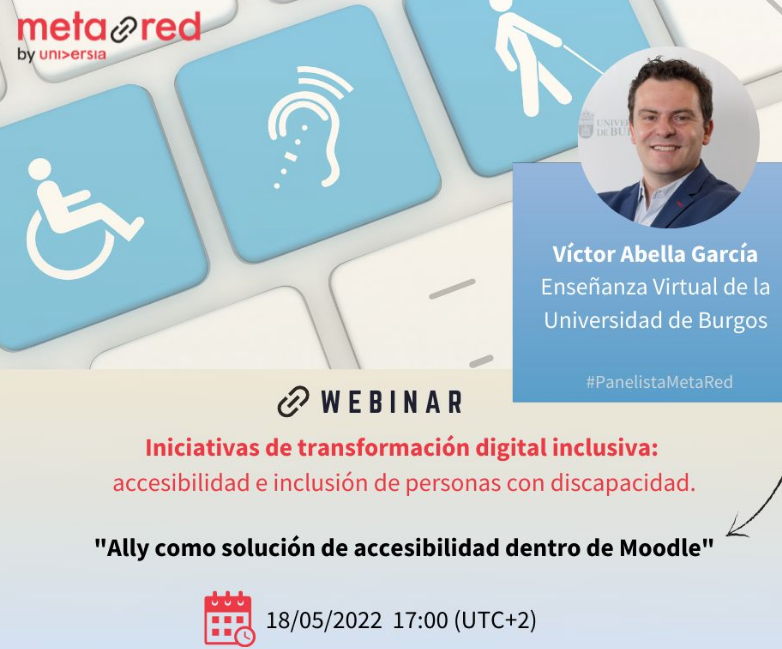 victorabella's tweet photo. El día 18 de mayo participaré en el #webinar organizado por @MetaRedIT sobre #TransformacionDigital Inclusiva.
Explicaremos nuestra experiencia dentro del #UBUCEV en la @UBUEstudiantes con la integración de Ally en #Moodle https://t.co/gBGLniDXfB