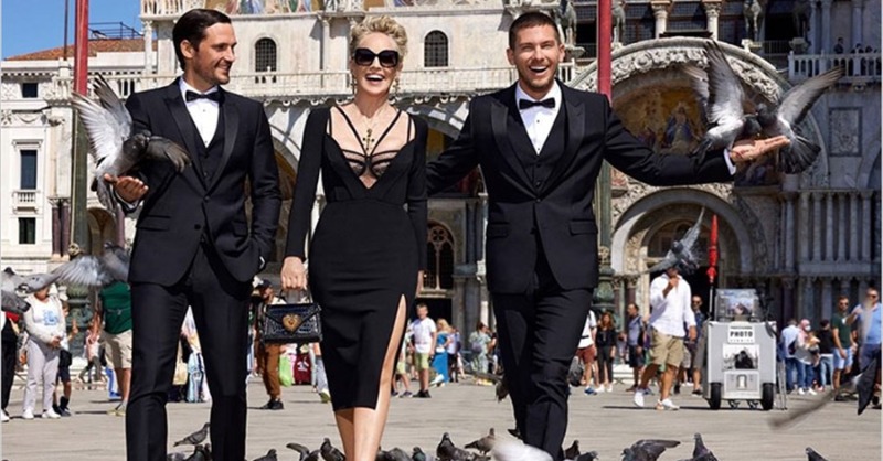designscene's tweet photo. Actress #SharonStone teams up with supermodels #AdamSenn and #SamWebb for #DolceGabbana Devotion Bag campaign
