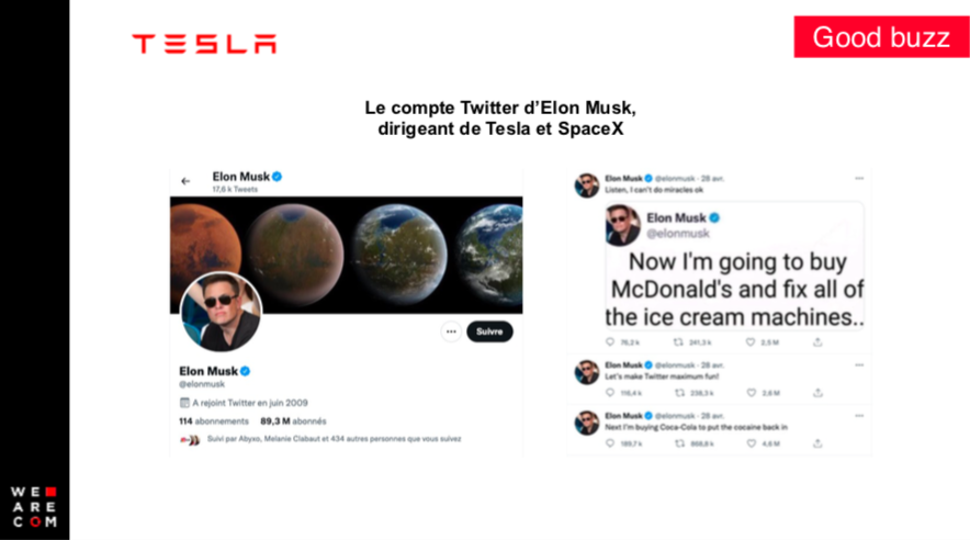 We_are_com's tweet image. Et bien sûr, qui dit #goodbuzz dit @elonmusk, dont le compte twitter personnel fait partie intégrante de la communication de ses marques @SpaceX et @Tesla. Plus de 93 millions d’utilisateurs suivent ce compte aux contenus détonants. #ClubWeAreCOM #communication