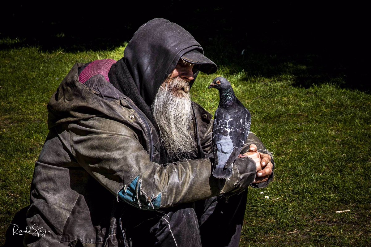 A homeless man talks to maybe his only friend he has in The Hague city center.. #MomentMonday