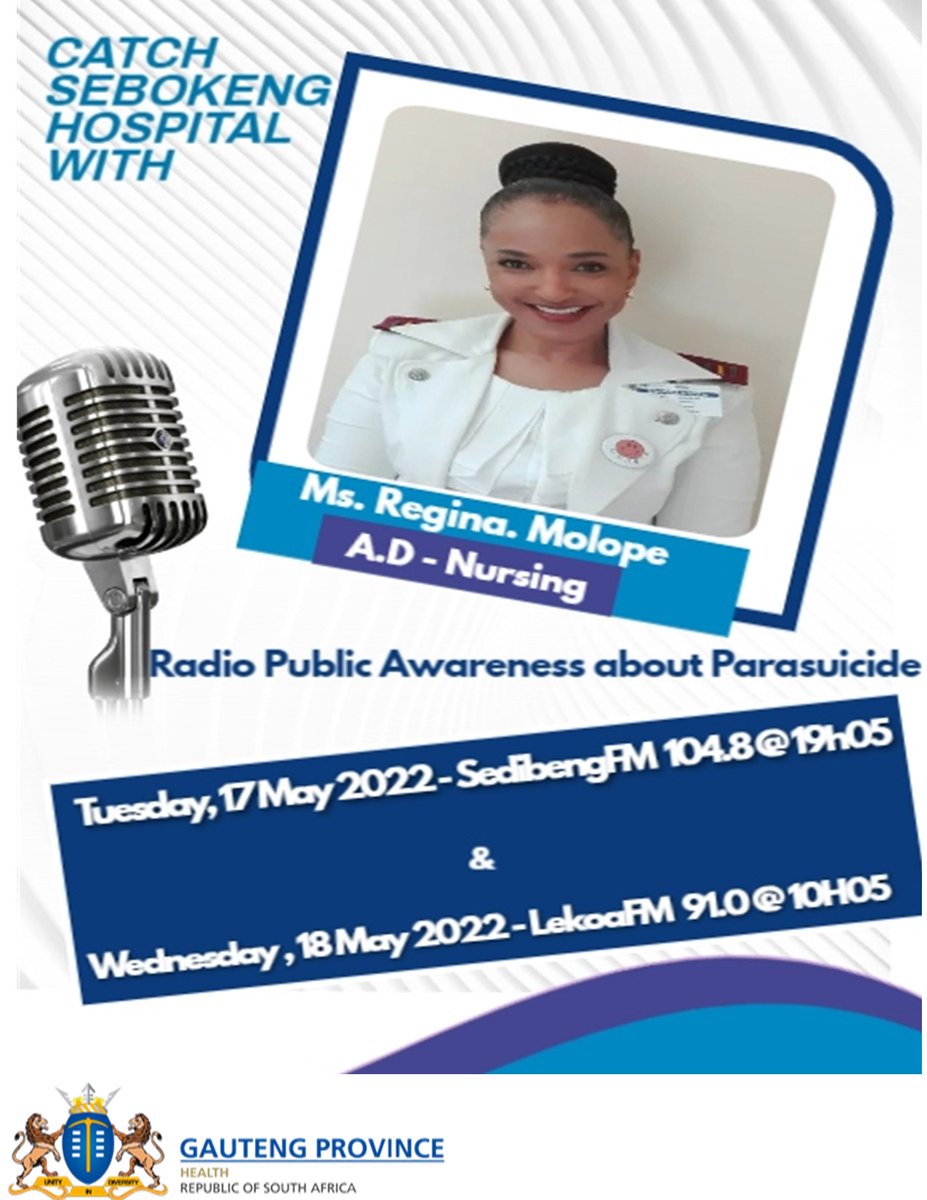 #SBKH - Listen to us tonight and tomorrow as we will be raising awareness about "Parasuicide" and its management.
#GrowingGautengTogether
