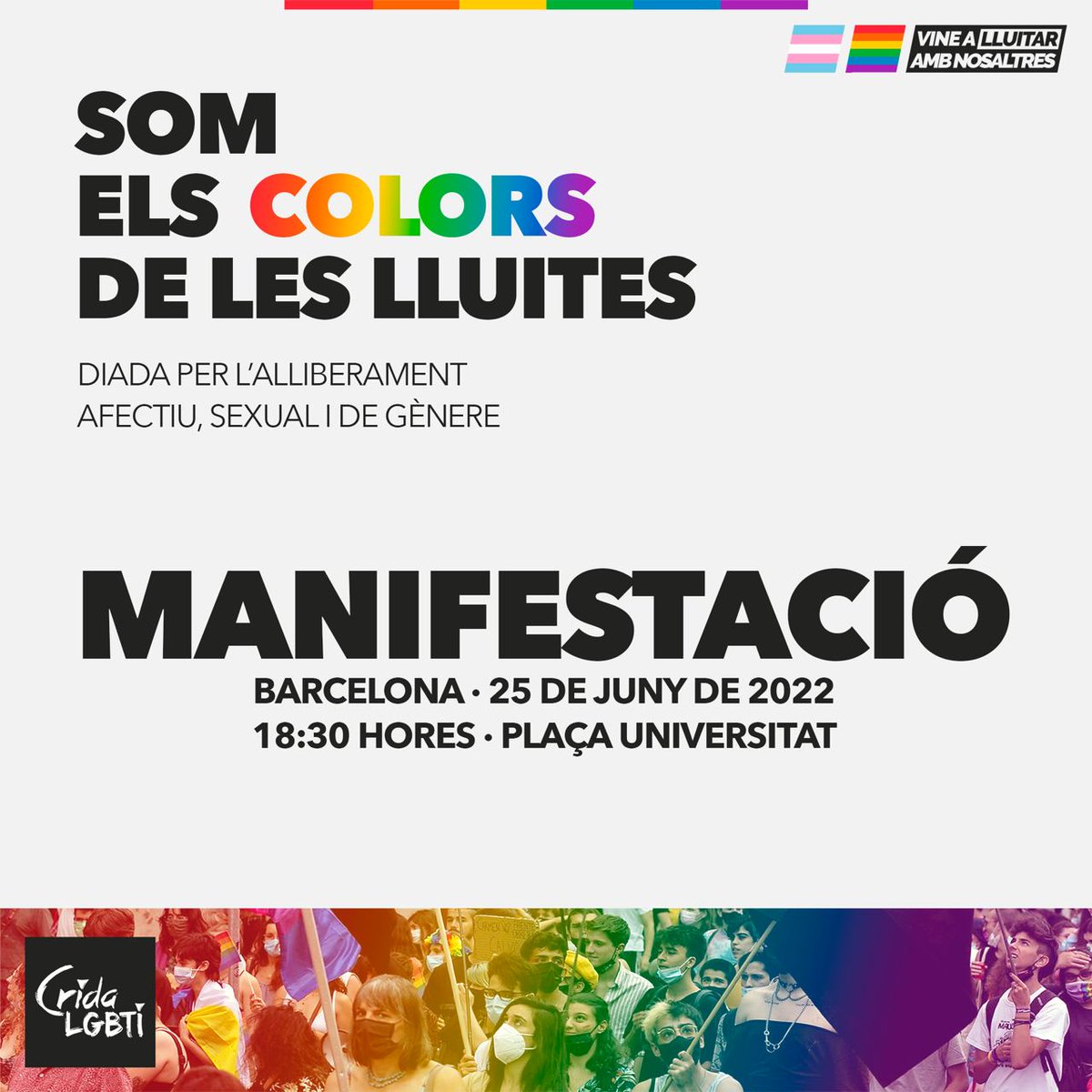 cridacridacrida's tweet photo. ‼️RESERVA'T LA DATA!

Som #ElsColorsDeLesLluites28J i sortim al carrer un any més per unir lluites, pels drets #trans i per acabar amb l'#LGBTIfòbia guanyant drets!

🔴 MANIFESTACIÓ: Dissabte 25J, 18:30h, Pl Universitat
⚫ACTE POLÍTIC: Dimarts 28J, 19h, Pl Santa Rosa https://t.co/AUq6uGgMFV