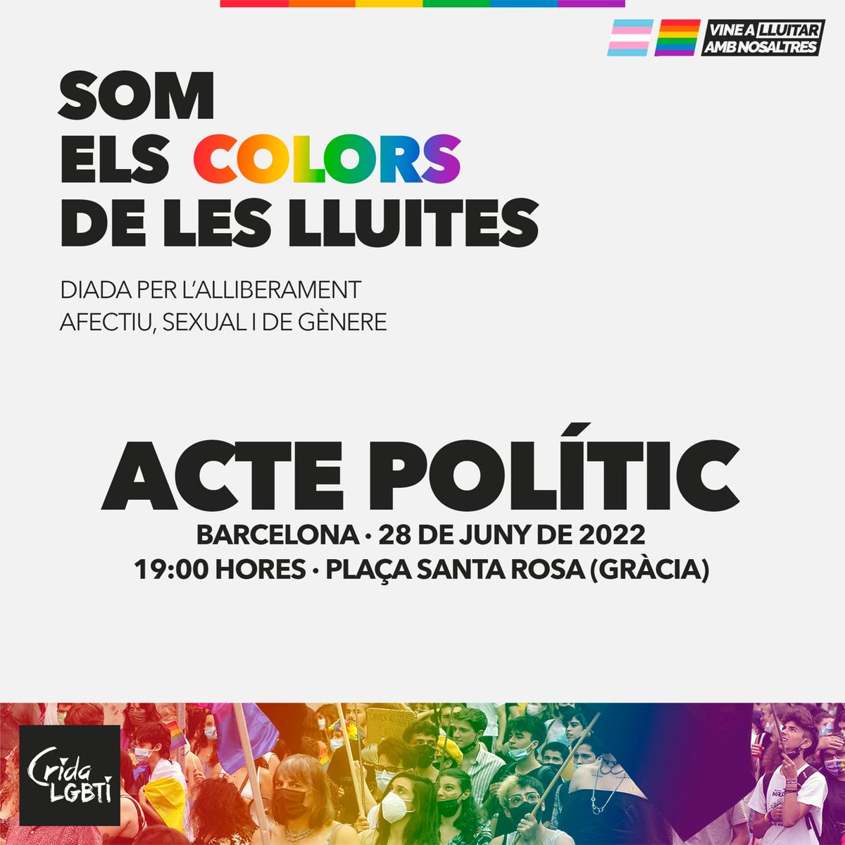 cridacridacrida's tweet photo. ‼️RESERVA'T LA DATA!

Som #ElsColorsDeLesLluites28J i sortim al carrer un any més per unir lluites, pels drets #trans i per acabar amb l'#LGBTIfòbia guanyant drets!

🔴 MANIFESTACIÓ: Dissabte 25J, 18:30h, Pl Universitat
⚫ACTE POLÍTIC: Dimarts 28J, 19h, Pl Santa Rosa https://t.co/AUq6uGgMFV
