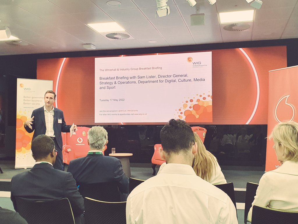 sapsted's tweet photo. This morning @wiguk briefing with DG, strategy &amp; operations, @samjlister Facinating discussion post-queens speech, no doubt @DCMS is a key department for legislative agenda and cultural landscape. Huge thank you to @VodafoneUK for hosting today https://t.co/zkfNXegKQm