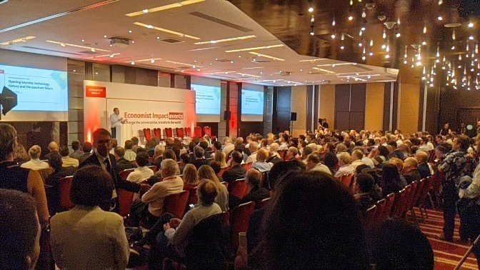 Full house at <a href="/theeconomist/">The Economist</a> Commercialising Quantum event. Sessions just kicked off with keynote by <a href="/tomstandage/">Tom Standage</a>. Looking forward to a day full of insights on #QuantumComputing