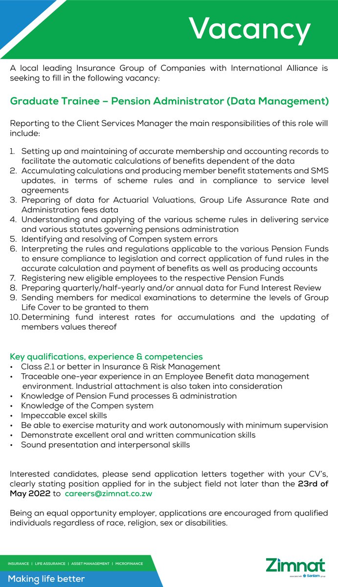 Are you a young professional who is passionate about career development in the insurance industry?

Here is an exciting #opportunity for you to join us and fill in the #vacancy for a Graduate Trainee – Pension Administrator (Data Management) that has risen 😊

#MakingLifeBetter