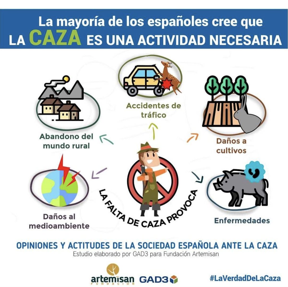 LA FALTA DE CAZA PROVOCA:
🚗Accidentes de tráfico 
🏡 Abandono del mundo rural
🌾Daños a cultivos
🌍Daños al medioambiente
🦠Enfermedades
Estas son algunas de las razones por lo que la mayoría de los españoles cree que la caza es necesaria.
 Informe <a href="/gad3_com/">GAD3</a> para <a href="/f_artemisan/">Fundación Artemisan</a>