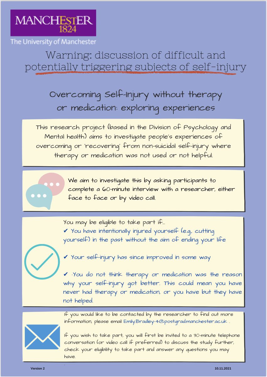 ONEE_Study's tweet photo. We want to hear your experiences!
β‘οΈ Have your difficulties with #selfinjury improved?
β‘οΈ Was this due to factors beyond #therapy or #medication?
Please email Emily.Bradley-4@postgrad.manchester.ac.uk for more info
#selfinjuryresearch #mentalhealthresearch #selfharmresearch https://t.co/45udFEHiZ3