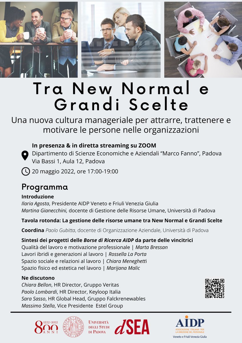 Il 20/5 Massimo Stella, vicepresidente ESTEL, interverrà nella tavola rotonda "Tra new normal e grandi scelte" promossa da AIDP e <a href="/UniPadova/">Università di Padova</a>: si parlerà di cambiamenti nel mondo del lavoro in termini di qualità, ibridazione, spazio sociale e fisico.
Link: lnkd.in/dHn_BNwh