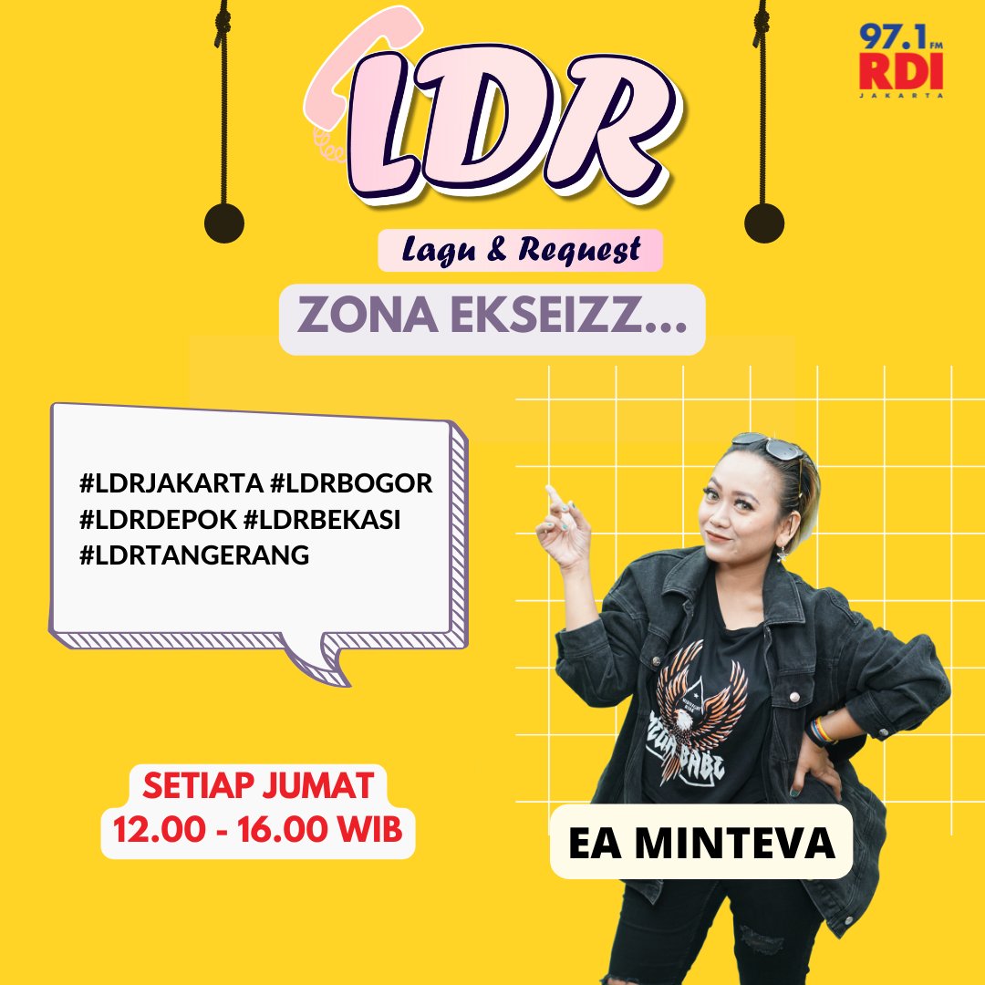 rdi971's tweet photo. #LDR
Hari Jumat waktunya LDR Zona Ekseizz... Sobat RDI
Yang mau request lagu jangan lupa tambahin # lokasi kamu
#LDRJAKARTA #LDRBOGOR #LDRDEPOK #LDRTANGERANG #LDRBEKASI
Baru deh kamu bisa request lagu dan kirim salam bareng Ea Minteva https://t.co/3k5rexzFvE