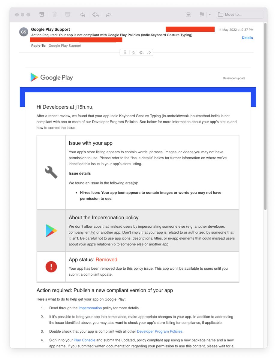 jishnu7's tweet photo. So Google removed Indic Keyboard from Google Play, without giving a warning, without pinpointing the issue - just saying icon has image or words you don't own.
 
The icon is an original work by @hfactor. I filed an appeal, it says they need 7 works days for reply. https://t.co/II2WYHtI9o