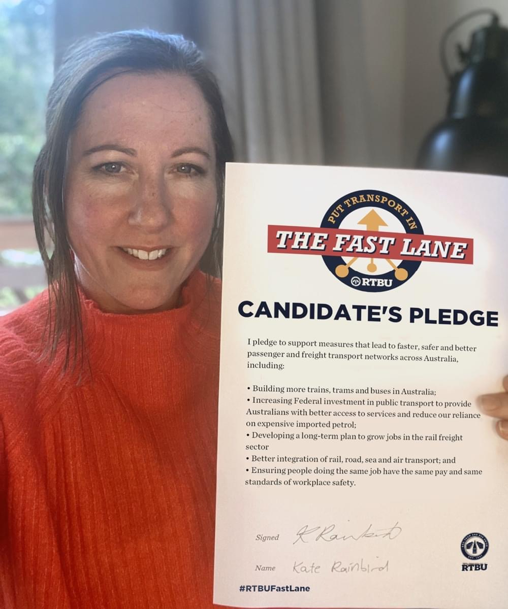 RTBUnion's tweet photo. Thanks to Labor Candidate for the Senate in Tasmania Kate Rainbird for endorsing the #RTBUFastLane pledge! Kate believes we should be supporting good secure jobs in the manufacturing sector, &that includes building more trains, trams buses right here in Australia. #AusVotes2022 https://t.co/0IPuQuuIxd