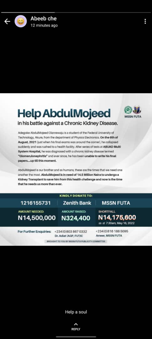 Tobiene001's tweet photo. URGENT NOTICEπ°
Abdulmojeed needs our help right now for kidney transplant.
Let's rise up for him through our monetary donationsπ
Nothing is too small to save a life!
Account number:1216155731
Account name:MSSN FUTA
bank:Zenith bank
#SaveMojeed https://t.co/SFhEsivfgH