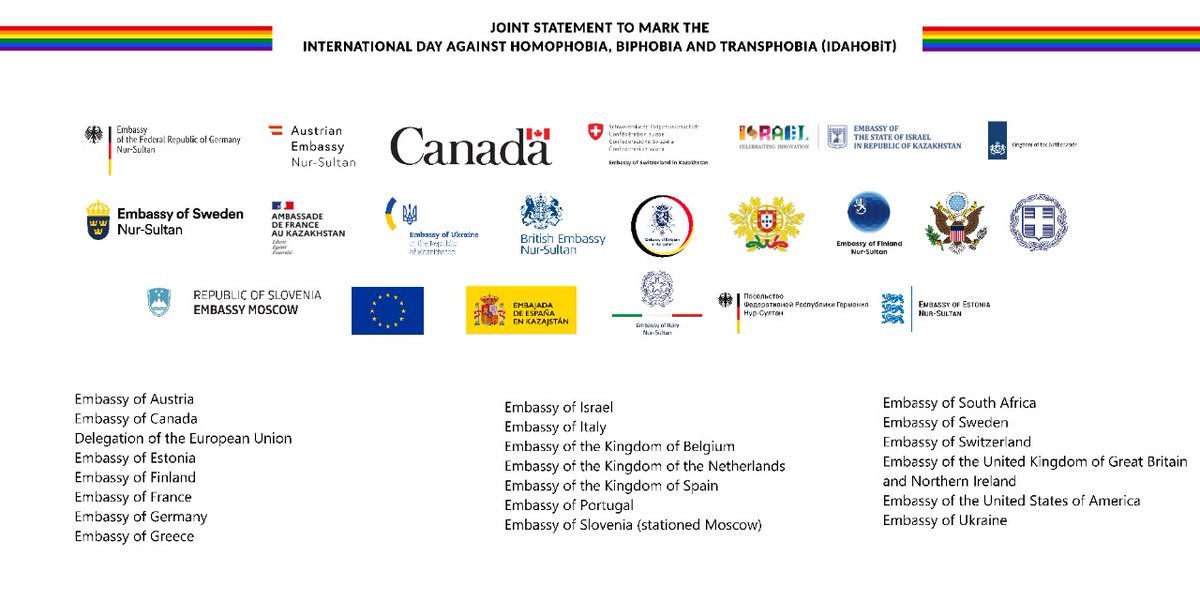 FinlandinKZ's tweet photo. On 17 May we celebrate the annual International Day Against Homophobia, Biphobia and Transphobia. We continue standing in solidarity with members of the Lesbian, Gay, Bisexual, Transgender and Intersex community in Kazakhstan.#IDAHOBiT #LGBTI+🏳️‍🌈
Statement: https://t.co/mQpUArRoea https://t.co/X4p85qhl0A