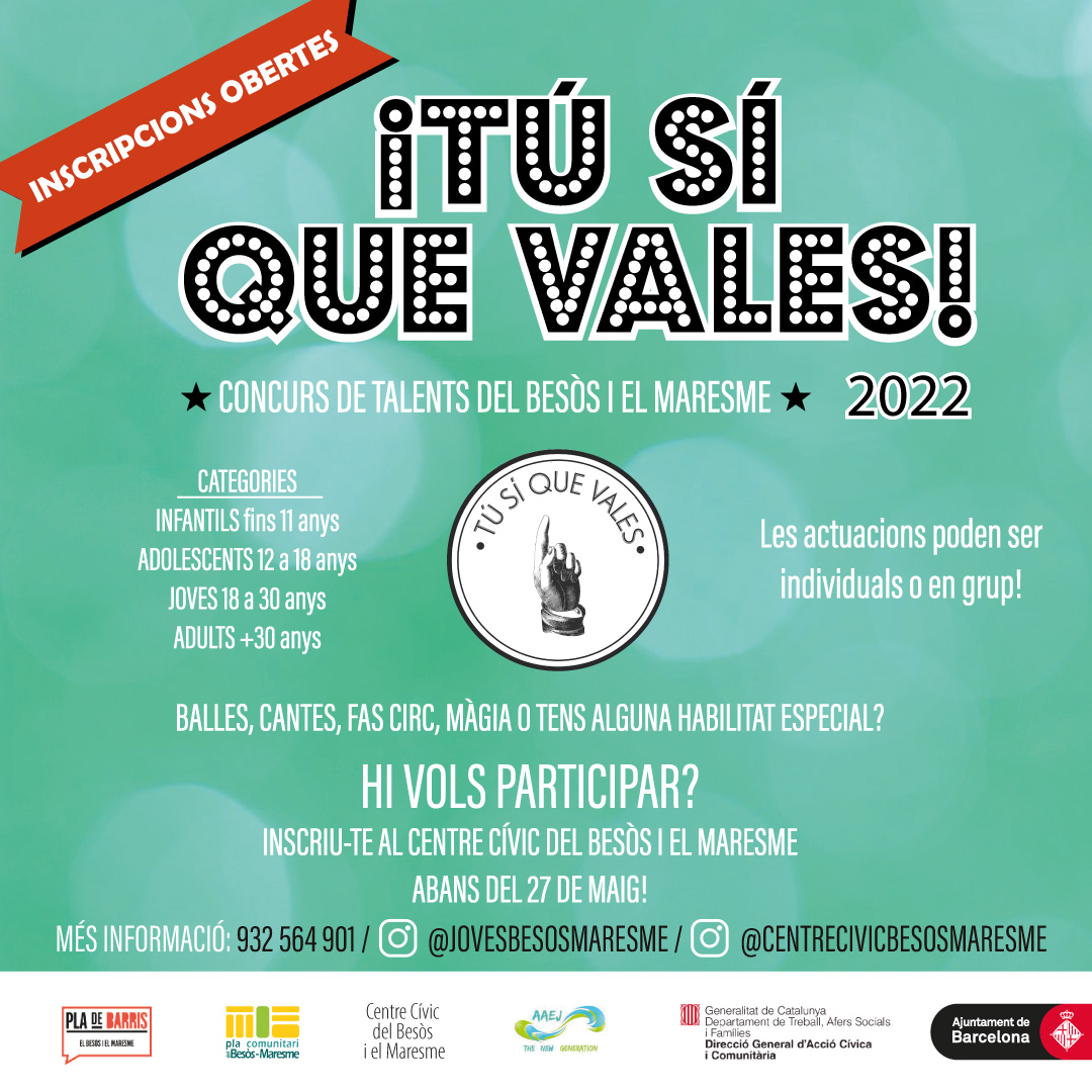 ccbesosmaresme's tweet photo. Un any més, coincidint amb la #FestaMajorBesòsMaresme, torna el #TSQV el concurs de talents del barri!
Si hi vols participar, vine al @ccbesosmaresme a inscriure't (fins el 27 de maig)! https://t.co/zXo6UtSFvY