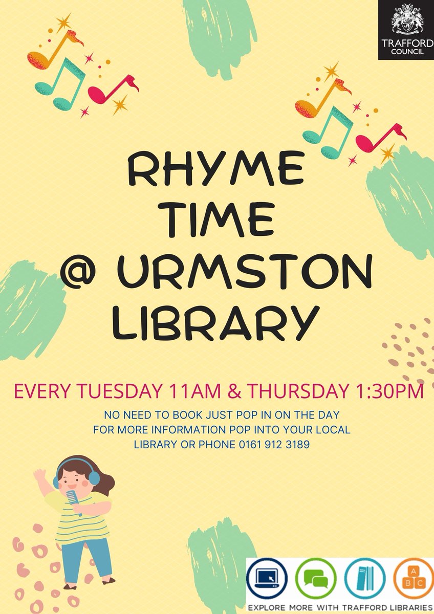 TraffLibraries's tweet image. 🎤 Urmston Rhyme Time 🎤

Join us for our weekly Rhyme Time sessions at Urmston Library! They are every Tuesday at 11am and Thursday at 1.30pm, so come along for a sing-along. 💃

#RhymeTime #LibrariesConnected