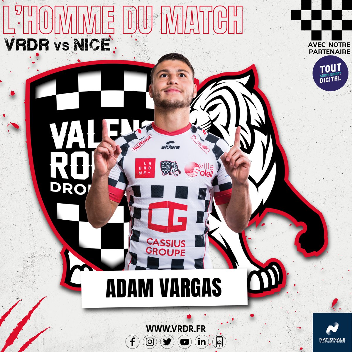 VRDRrugby's tweet photo. [𝗕𝗔𝗥𝗥𝗔𝗚𝗘 - 𝗛𝗢𝗠𝗠𝗘 𝗗𝗨 𝗠𝗔𝗧𝗖𝗛]

🏆 Le vote est clos, vous avez désigné 𝐀𝐝𝐚𝐦 𝐕𝐀𝐑𝐆𝐀𝐒 en tant que #DAMIERDUMATCH !

@AdamVargas69 a notamment délivré les siens en marquant dans les derniers instants du match, permettant de sceller la victoire des Damiers 🏁 https://t.co/fXUIKNWi2S