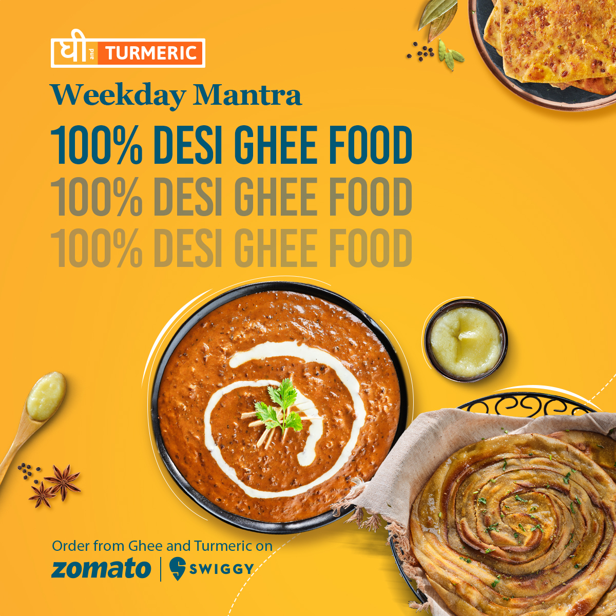 GheeTurmeric's tweet photo. The secret of happiness is 100% desi ghee food. It's the weekday mantra to live a blissful life. The aroma & taste of desi ghee food is enough to live a long happy week.
#desighee #northindianfood #lipsmacking #foodforthought #foodservice #midweekcravings #gheeandturmeric https://t.co/8uuHOURnv7