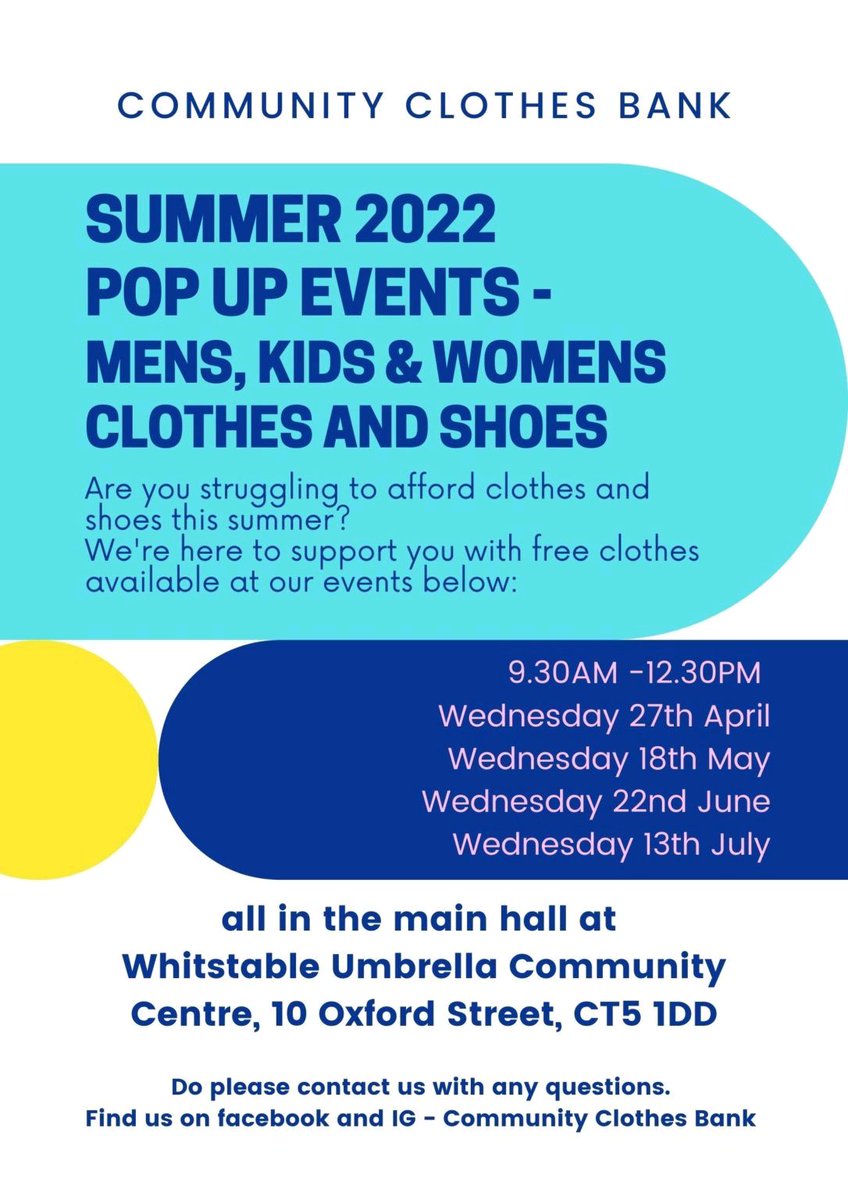 Community Clothes Bank summer pop up event! 🤩

9:30am-12:30pm tomorrow at the Umbrella Centre!☂️

#Community #WhitstableUmbrellaCentre #whitstabletogether #CommunityProjects #CommunityClothesBank