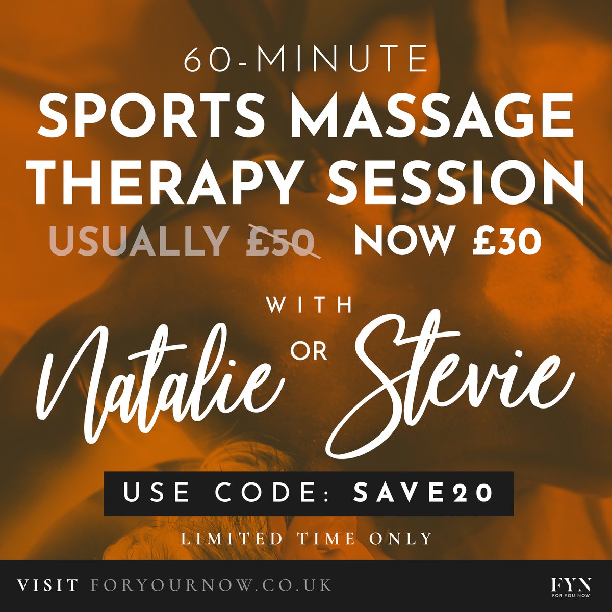 TherealFYN's tweet photo. We've got another great offer for you... All 1-hour Sports Massage Therapy sessions are just £30 when you book in with Natalie or Stevie. That's a saving of £20! Just use our code: SAVE20 at the checkout. https://t.co/Op5R5HWzQP