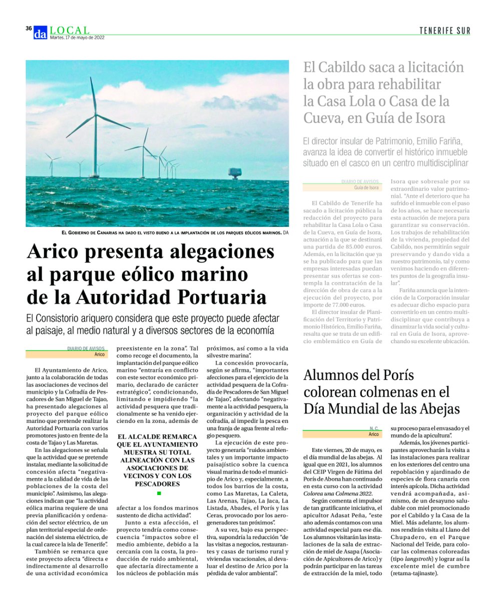 AytoArico's tweet photo. 𝗗𝗶𝗮𝗿𝗶𝗼 𝗱𝗲 𝗔𝘃𝗶𝘀𝗼𝘀

👉 "Arico presenta alegaciones al parque eólico marino de la Autoridad Portuaria"
👉 "Alumnos del Porís colorean colmenas en Día Mundial de las Abejas" https://t.co/jLrey6C6y7