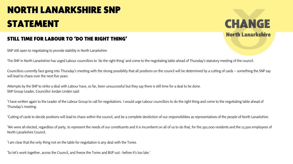 nlc_snp's tweet photo. STILL TIME FOR LABOUR TO “DO THE RIGHT THING”

Today, we’ve written to Labour to outline that we are still prepared to work together for the best of North Lanarkshire; our 350,000+ residents and 12,500+ staff.

The only thing not on the table is working with the Tories and BUP. https://t.co/1ks1WbYJ7F