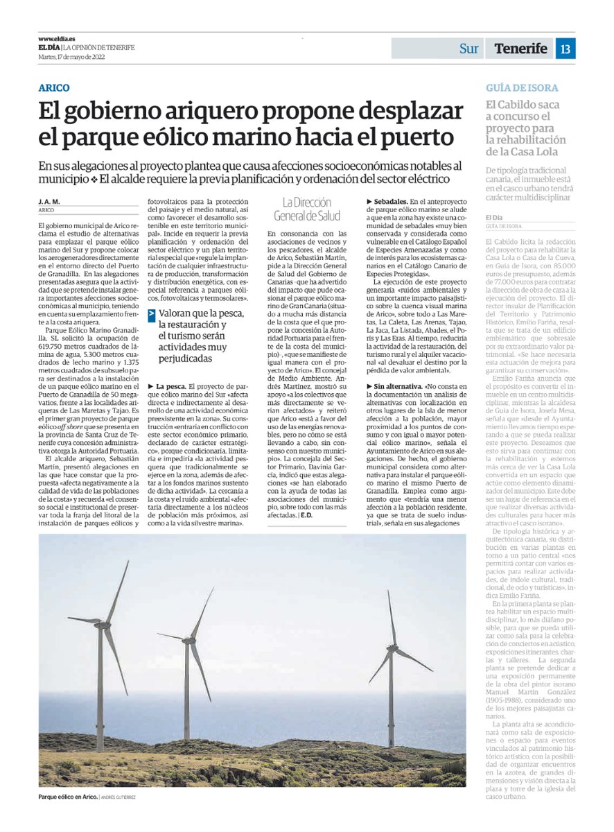 AytoArico's tweet photo. Arico en prensa 🗞️ 

𝗘𝗹 𝗗𝗶́𝗮

👉 "Arico propone llevar el parque eólico marino a Granadilla".
👉 "El gobierno ariquero propone desplazar el parque eólico marino hacia el puerto". https://t.co/bg3G4FUEbp
