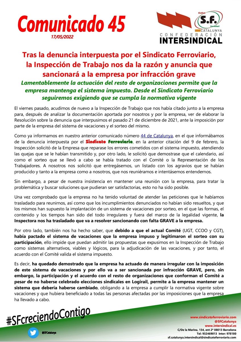LogirailT's tweet photo. Inspección de trabajo da la razón a @SFIntersindical en su demanda por la imposición de vacaciones de #LogiRail grupo @Renfe a sus trabajadores.
¿Será la última denuncia contra LogiRail? https://t.co/5ZZWbYGV3h