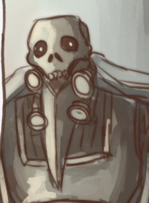 ロボットの下顎やマスクについている謎の尖っている部品、もとはペストマスクを描いていたのですが、途中から原型が無くなりました。 