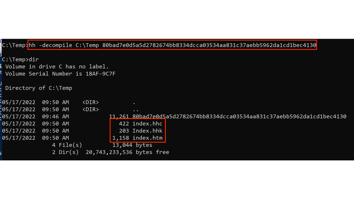malmoeb's tweet photo. #DFIRTip: A CHM file (Microsoft’s HTML help file format) consists of a number of compiled HTML files.
Decompilation is as easy as
"hh -decompile <Target-Folder> <.chm-file>" https://t.co/4fAXGoDMw6