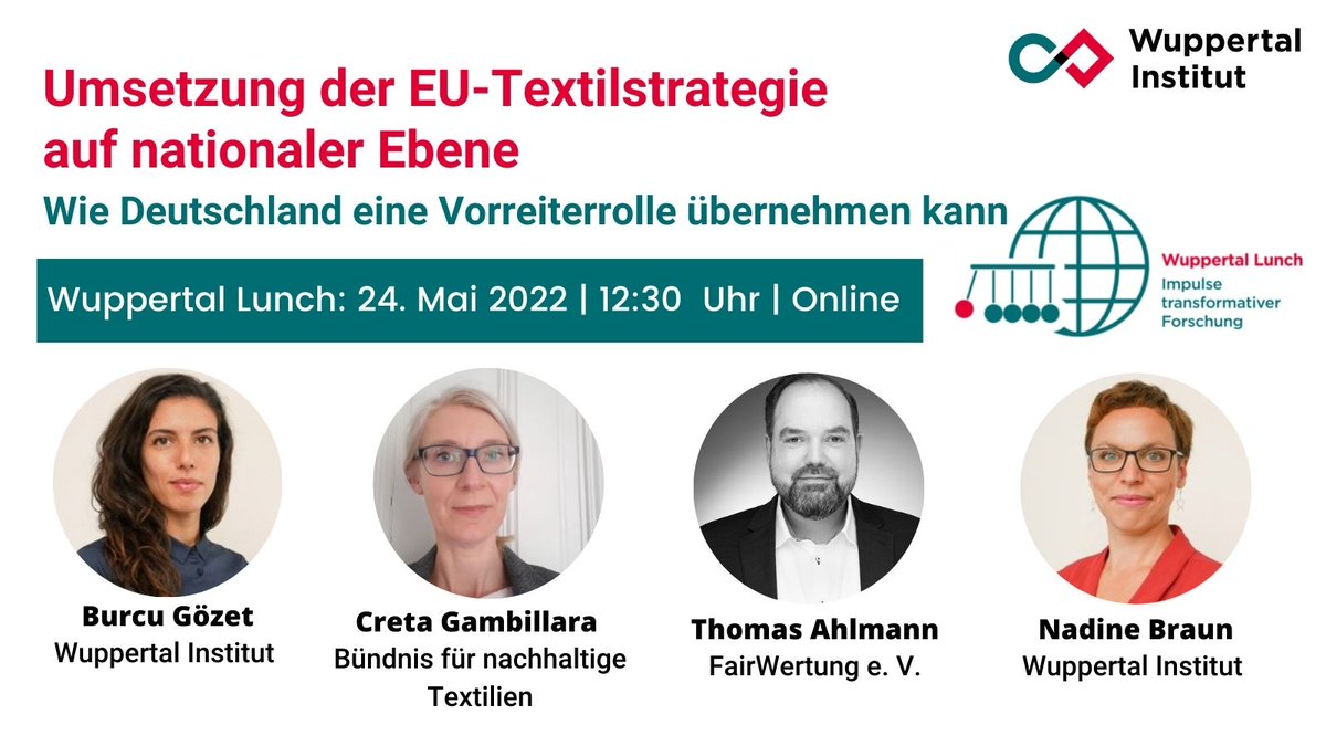 Wuppertal Institut (@wupperinst) on Twitter photo Wie ist die EU-#Textilstrategie zu bewerten?
Wir freuen uns auf ein spannendes #WuppertalLunch mit Creta Gambillara <a href="/Textilbuendnis/">Textilbündnis/Partnership for Sustainable Textiles</a> & <a href="/ThomasAhlmann/">Thomas Ahlmann</a> #FairWertung sowie Burcu Gözet, @stefan_werland & <a href="/Nad_Braun/">Nadine Braun</a> vom <a href="/Wupperinst/">Wuppertal Institut</a>
🗓️ 24. Mai 12:30 Uhr, Online
wupperinst.org/a/wi/a/s/ad/77… Wie ist die EU-#Textilstrategie zu bewerten?
Wir freuen uns auf ein spannendes #WuppertalLunch mit Creta Gambillara <a href="/Textilbuendnis/">Textilbündnis/Partnership for Sustainable Textiles</a> & <a href="/ThomasAhlmann/">Thomas Ahlmann</a> #FairWertung sowie Burcu Gözet, @stefan_werland & <a href="/Nad_Braun/">Nadine Braun</a> vom <a href="/Wupperinst/">Wuppertal Institut</a>
🗓️ 24. Mai 12:30 Uhr, Online
wupperinst.org/a/wi/a/s/ad/77…