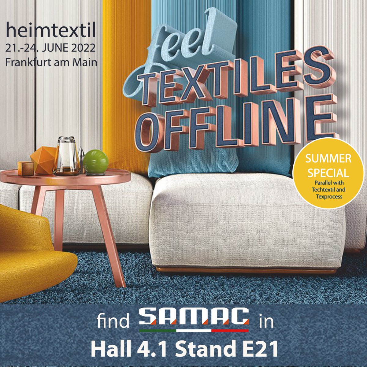 SamacSrl's tweet photo. We invite you to HEIMTEXTIL 2022✉ - https://t.co/df9TvGnnoi
#samacitalia #heimtextil #furniture #contract #home #textiles https://t.co/Db6jZoPUGz