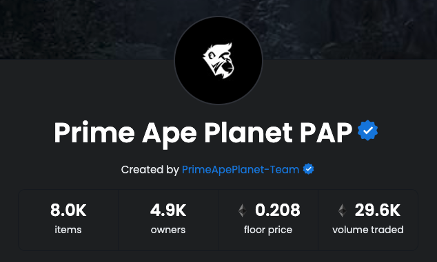 PrimeApePlanet's tweet photo. We're finally verified on OpenSea!

Go check it out with the link in our bio. https://t.co/Qsp0uN6b0R