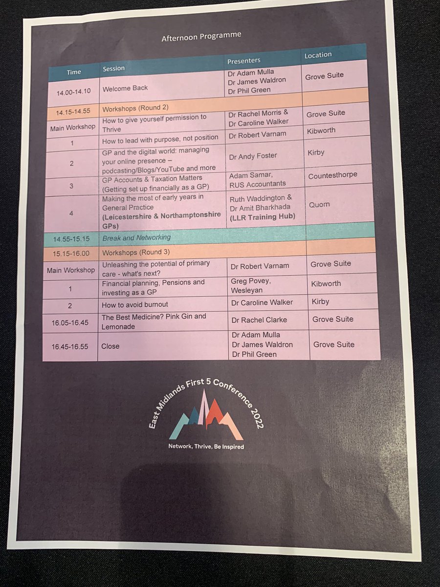 drawfoster's tweet photo. Really excited to be at the #F5EM22 a First 5 GP conference in Leicester! Great program 🥳. Looking forward to seeing @ClareGerada looking back and looking forward and getting some well-being input from @DrRachelMorris! https://t.co/PKVbRNfbiA