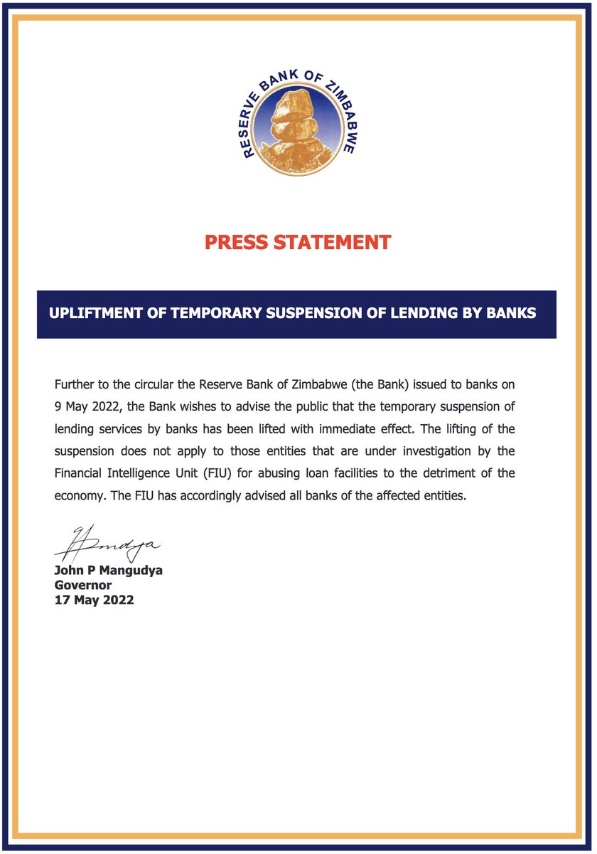 RBZ lifts suspension of lending by banks